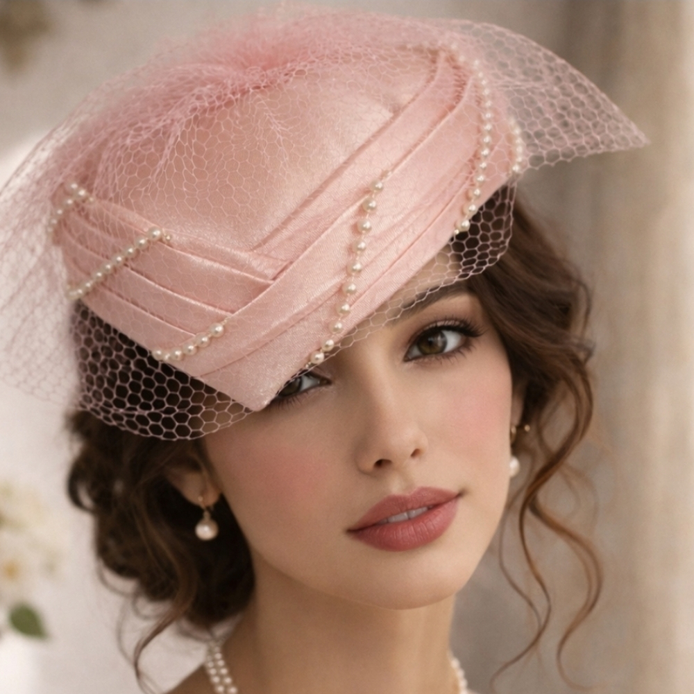 Vintage Lux 1950's Formal Pillbox Satin Hat Pearl Detail - Picture 9 of 9
